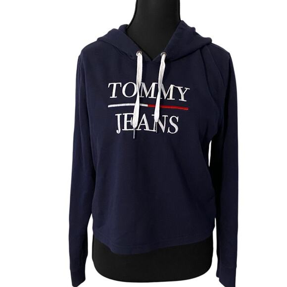 Tommy Jeans Womens Cropped Hoodie Navy Blue Pullover Logo Spellout Small Preppy - Picture 1 of 8